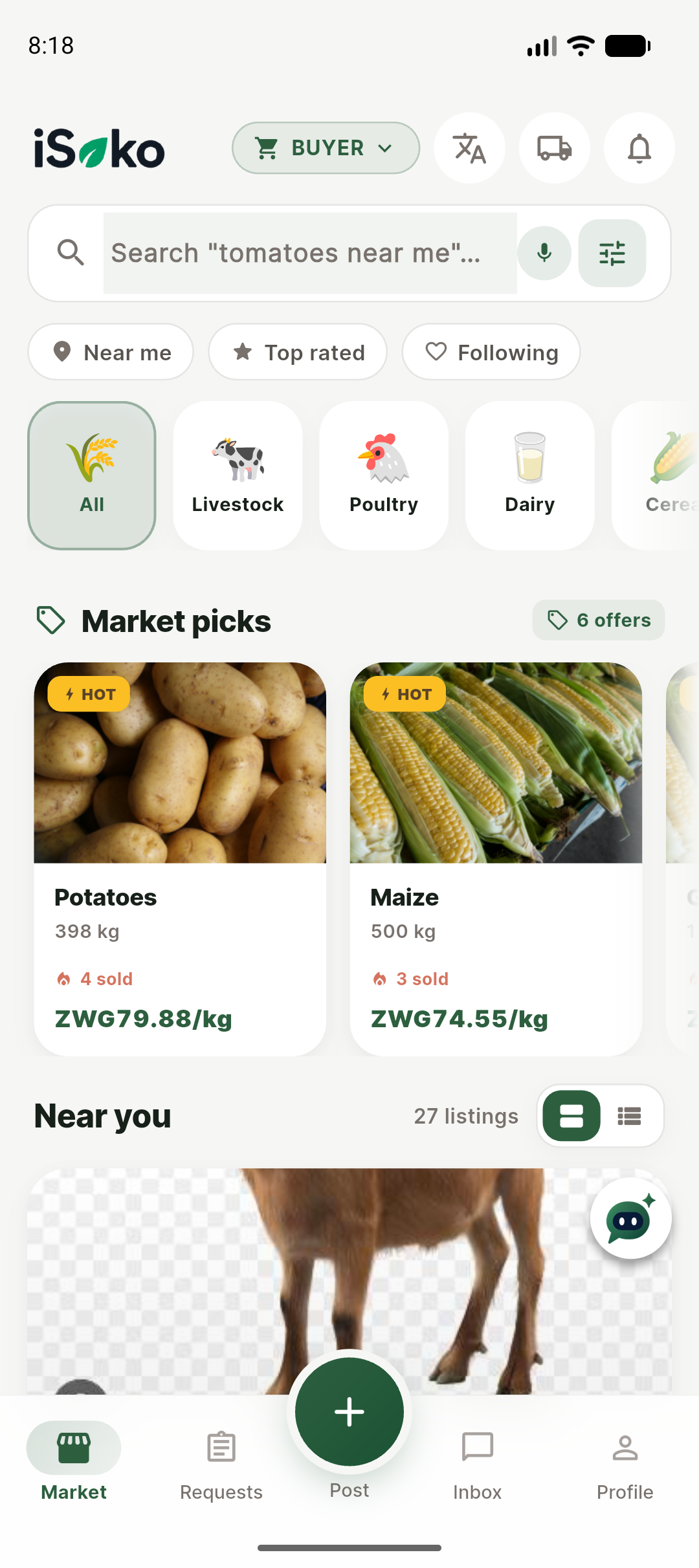Amusika market screen showing potatoes, maize and green beans for sale