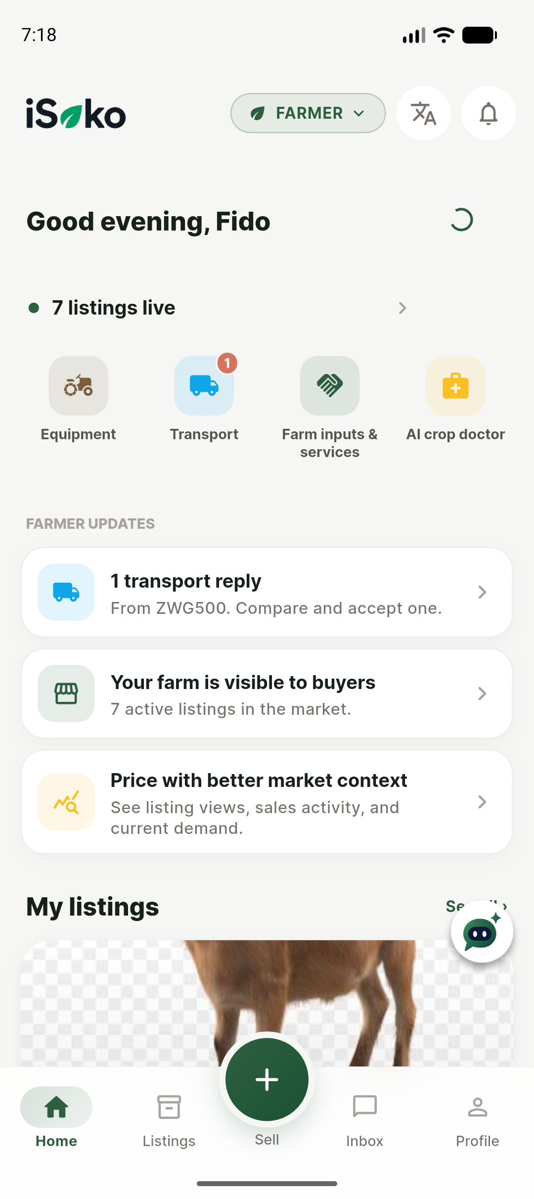 Amusika farmer home with listings, transport replies and market tips